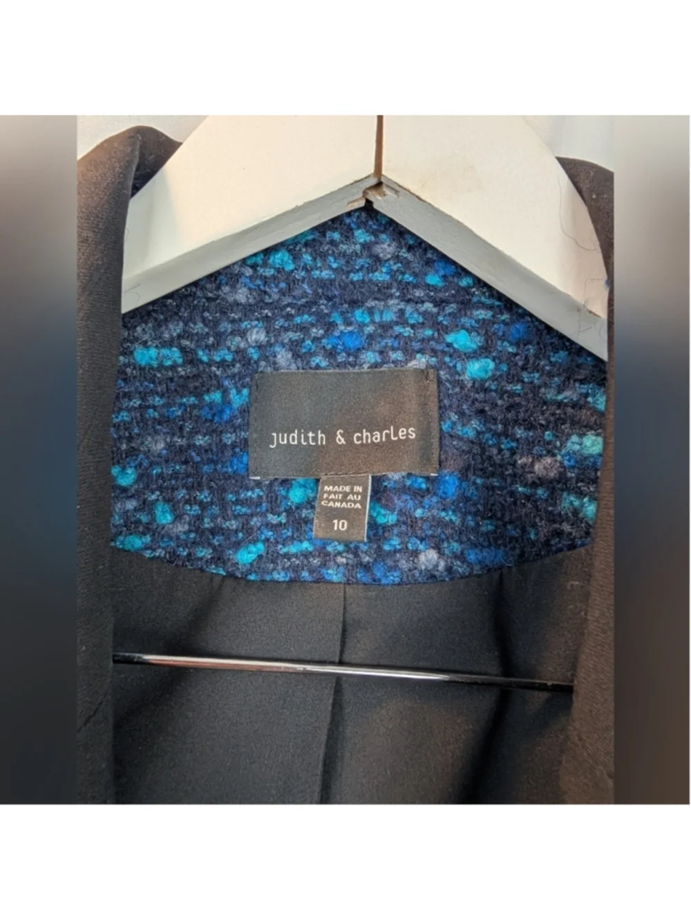 Judith And Charles Women's Blue Tweed Jacket with Black Lapel Size 10(fits small